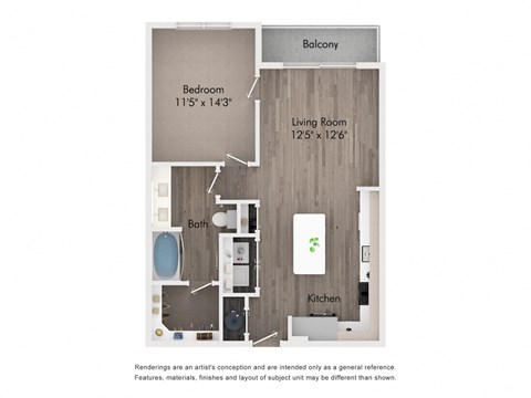 Floor plan for 1 bed, 1 bath, 730 sqft